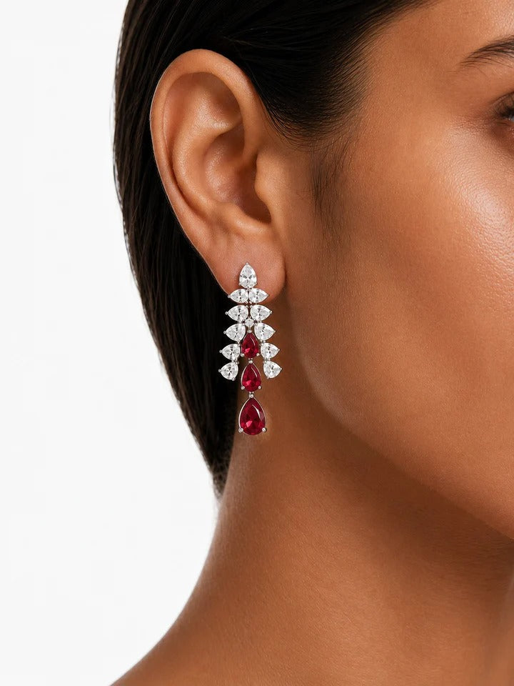 Maharani Azure Ruby Droplets Diamond-Like Zircon Statement Pendant Necklace Set & Solara Ruby Diamond-Like Zircon Necklace Set (2 Necklace & 2 Earrings)