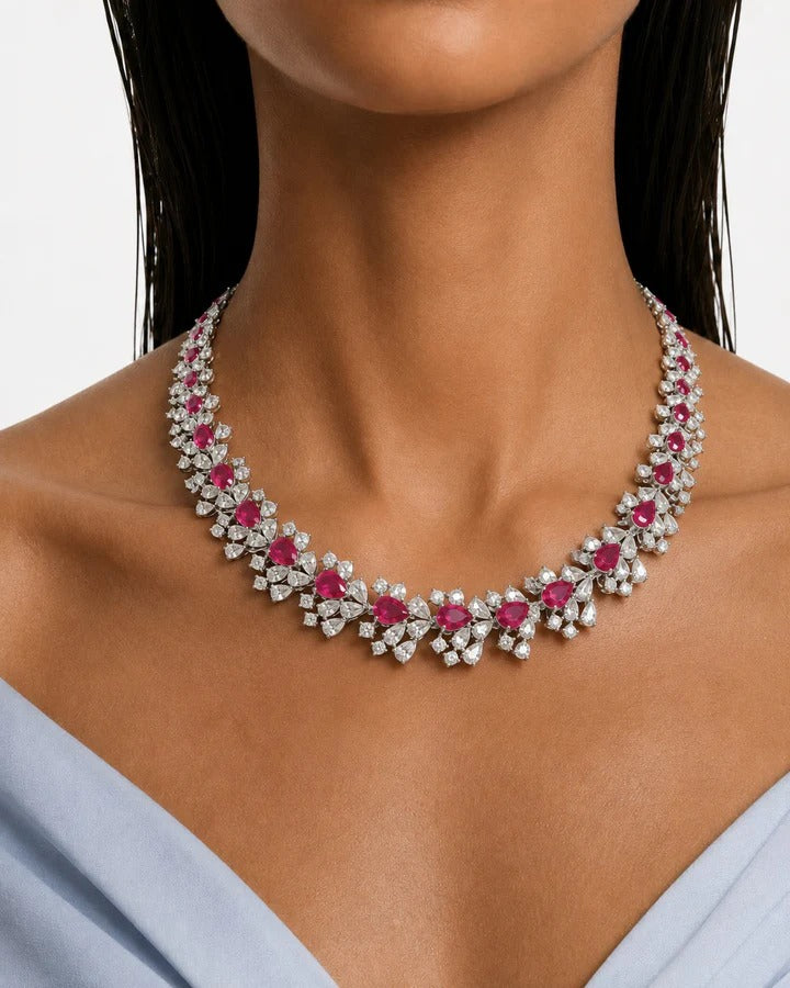Maharani Hijl Ruby & Diamond Like Drops Necklace Set & Eden Floral Ruby & Diamond-Like Zircon Statement Necklace Set (2 Necklace & 2 Earrings)
