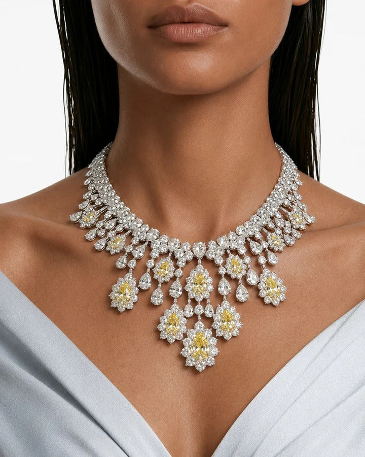 Maharani Hijl Citrine & Diamond Like Drops Necklace Set & Eden Floral Citrine & Diamond-Like Zircon Statement Necklace Set (2 Necklace & 2 Earrings)