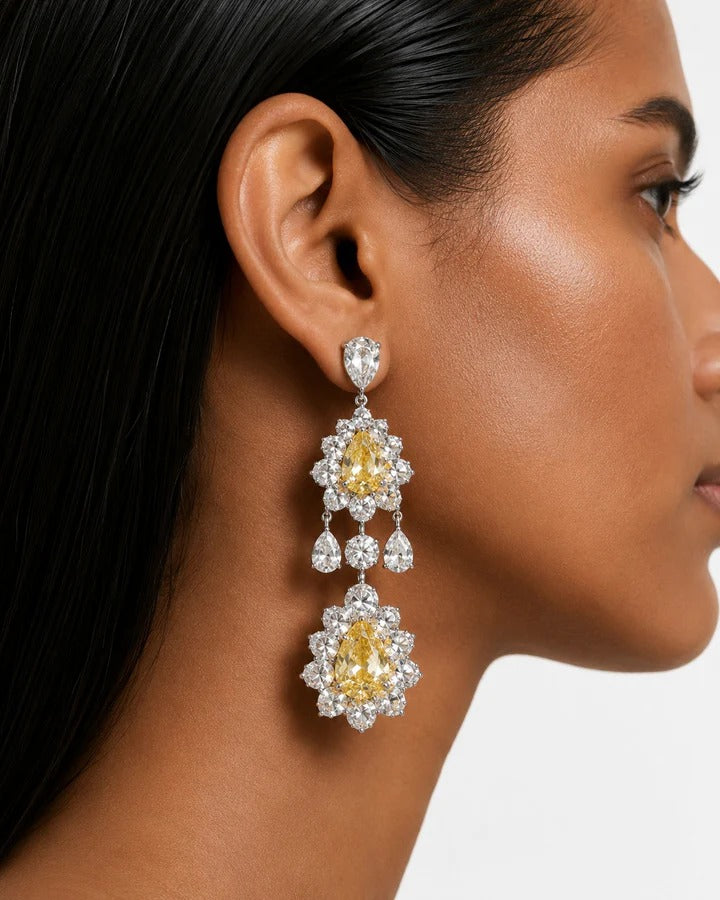 Maharani Hijl Citrine & Diamond Like Drops Necklace Set & Eden Floral Citrine & Diamond-Like Zircon Statement Necklace Set (2 Necklace & 2 Earrings)