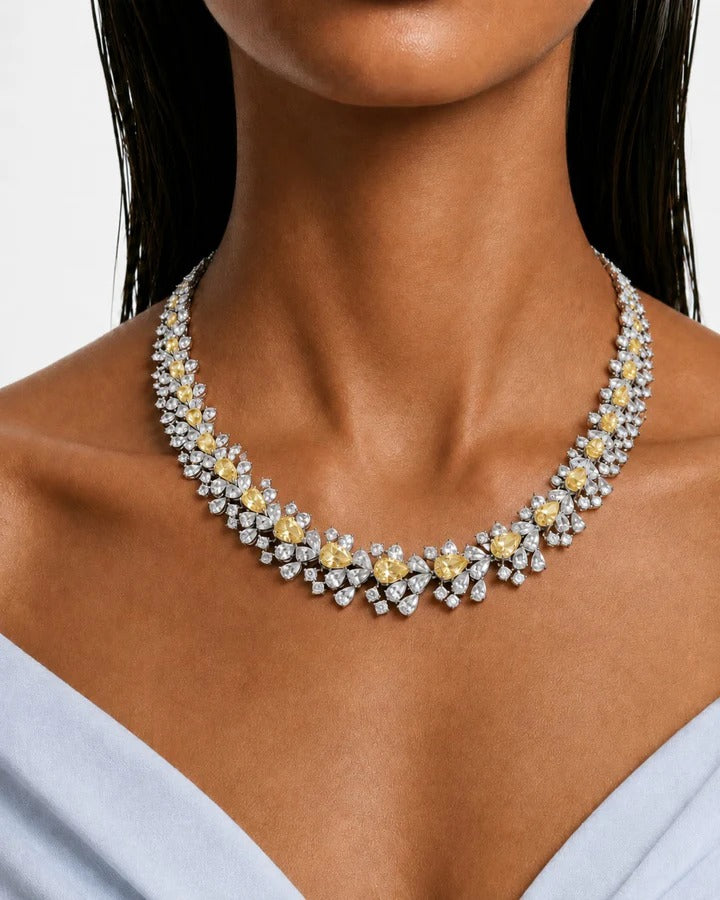 Maharani Hijl Citrine & Diamond Like Drops Necklace Set & Eden Floral Citrine & Diamond-Like Zircon Statement Necklace Set (2 Necklace & 2 Earrings)