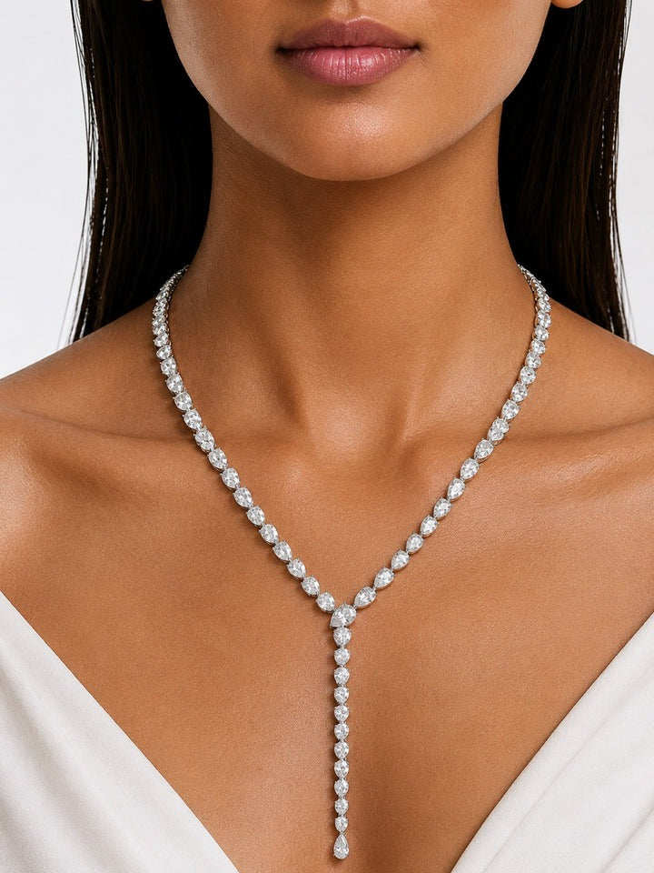 Maharani The Willow Diamond-Like Zircon Statement Necklace Set & Layan Diamond Rectangular-Cut & Pear Diamond-Like Zircon Statement Necklace Set (2 Necklaces & 2 Earrings)