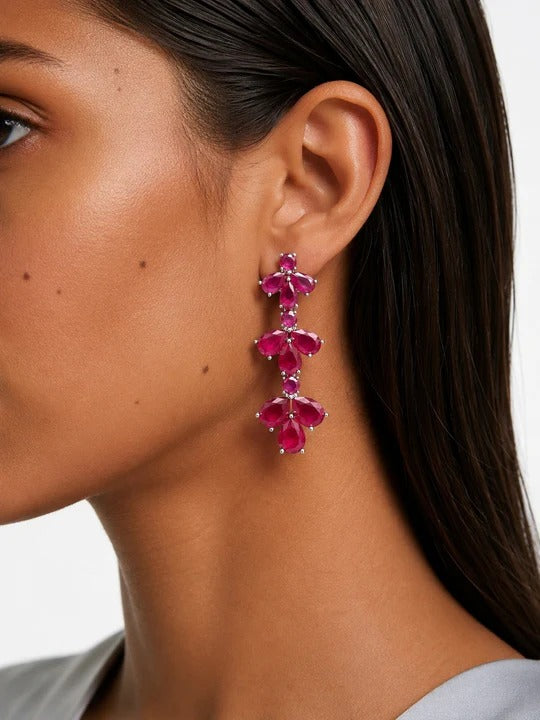 Maharani Fiorella Ruby Diamond-Like Zircon Statement Pendant Necklace Set & Riviera Ruby & Zircon Diamond Single Line Tennis Necklace Set (2 Necklace & 2 Earrings)