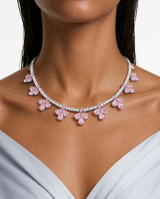 Maharani Fiorella Pink Diamond-Like Zircon Statement Pendant Necklace Set & Riviera Pink & Zircon Diamond Single Line Tennis Necklace Set (2 Necklace & 2 Earrings)