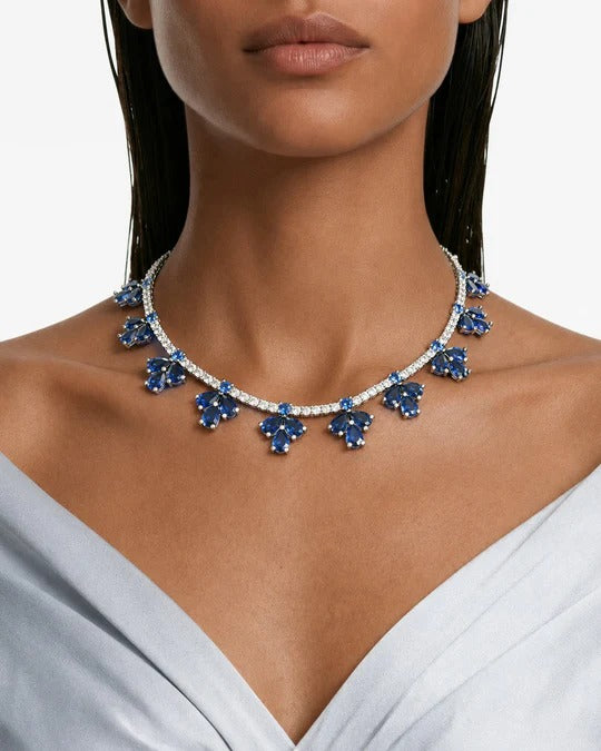 Maharani Fiorella Sapphire Diamond-Like Zircon Statement Pendant Necklace Set & Riviera Sapphire & Zircon Diamond Single Line Tennis Necklace Set (2 Necklace & 2 Earrings)