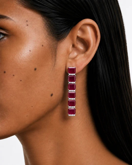 Maharani Fiorella Ruby Diamond-Like Zircon Statement Pendant Necklace Set & Riviera Ruby & Zircon Diamond Single Line Tennis Necklace Set (2 Necklace & 2 Earrings)