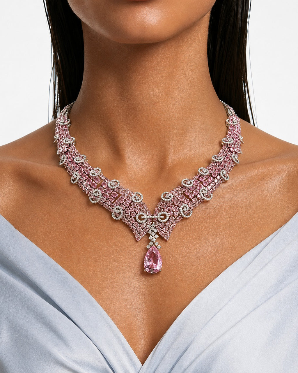 Sahira roze diamantachtige zirkoon statement kettingset – ketting en oorbellen