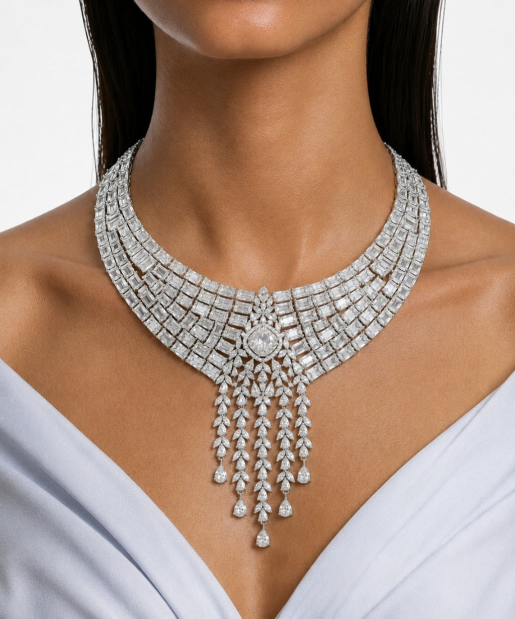 Zarina Diamond-Like Zircon Statement Necklace Set – Necklace & Earrings