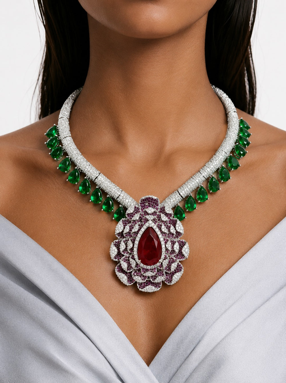 Zohra Pearls & Moissanite Polki Kundan met smaragd- en robijnstenen met zirkonia-diamantendetails Verklaring kettingset – ketting en oorbellen