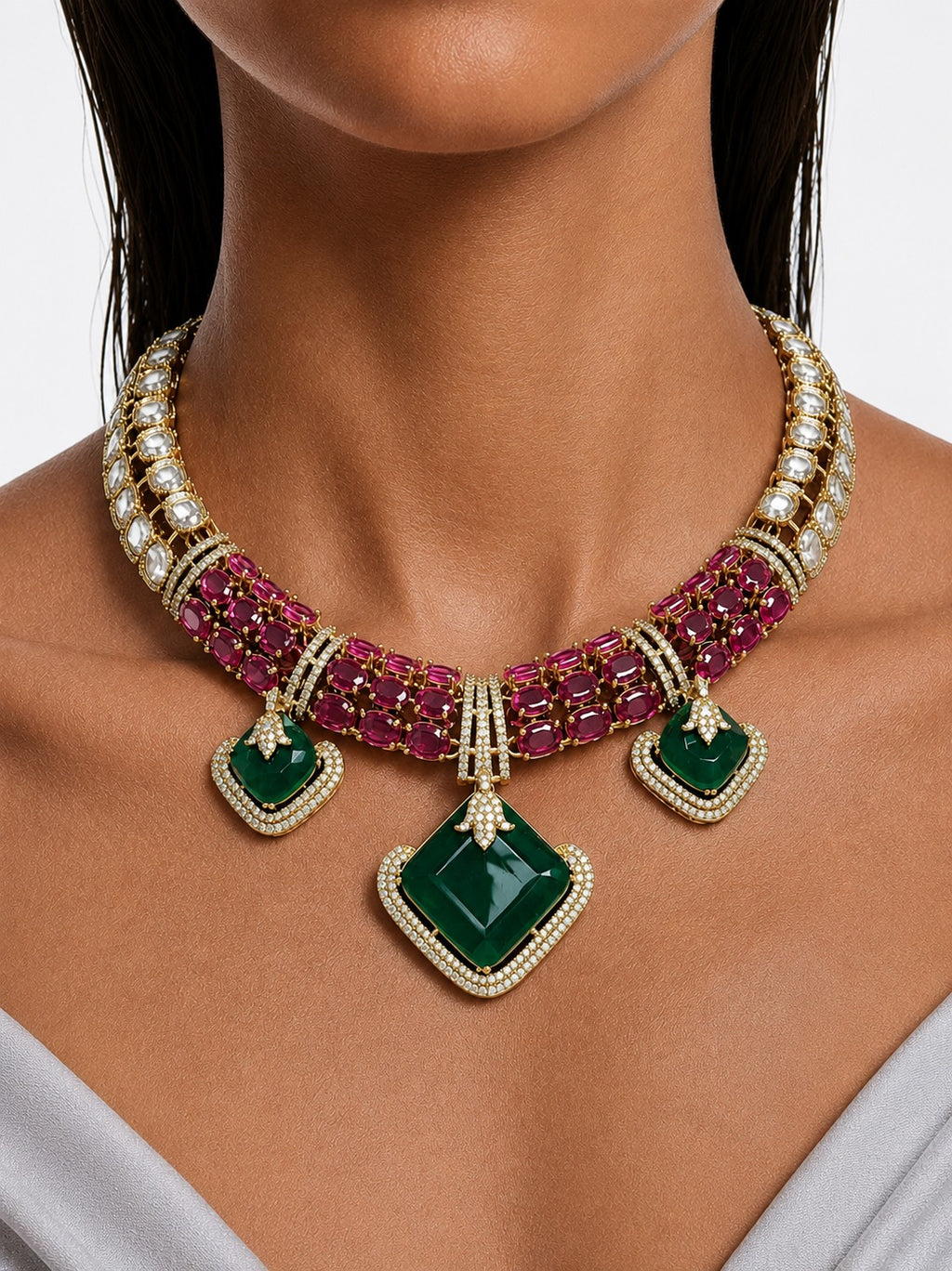 Zareen Emerald & Ruby Polki Kudan Statement Necklace Set – Necklace & Earrings