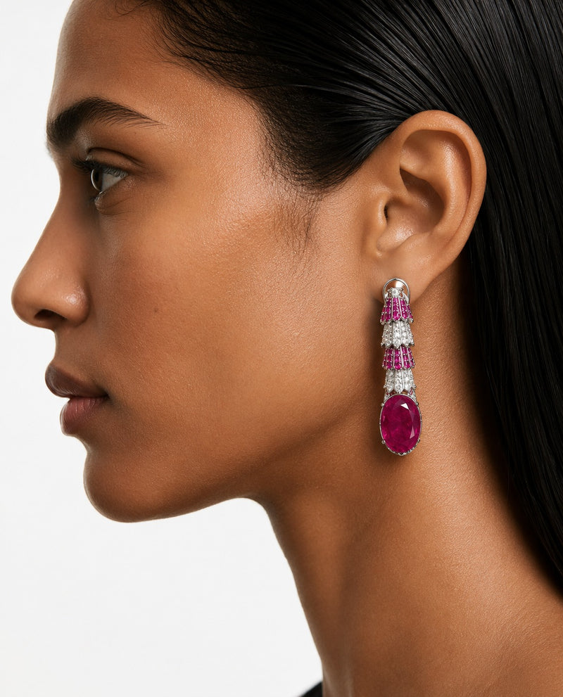 Maharani Basma Ruby and Diamond-Like Zircon Drop Pendant Statement Necklace Set & Elyna Ruby Diamond-Like Zircon Choker Necklace Set (2 Necklace & 2 Earrings)