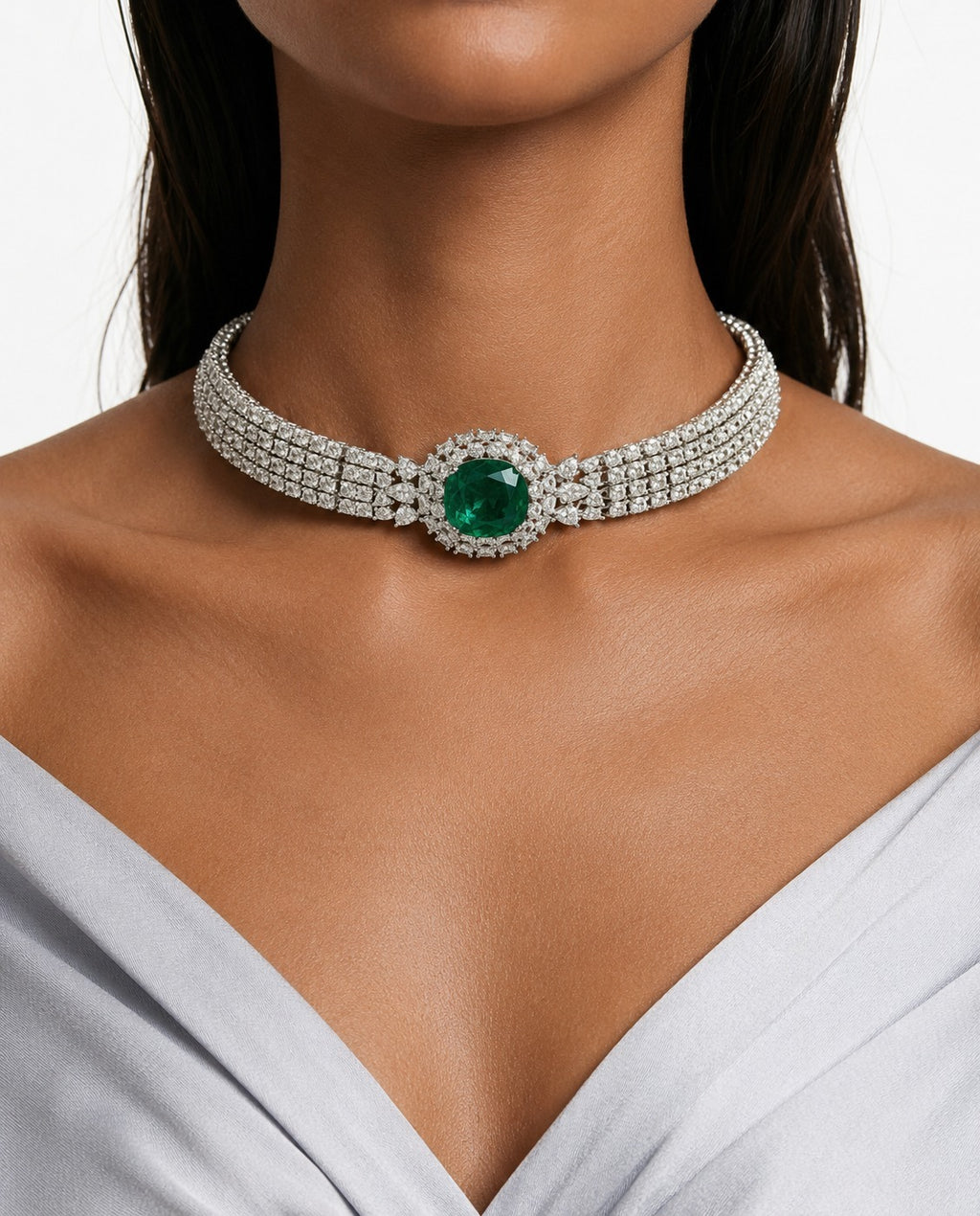 Aylaan diamantachtige zirkoon met smaragd statement choker kettingset – ketting en oorbellen