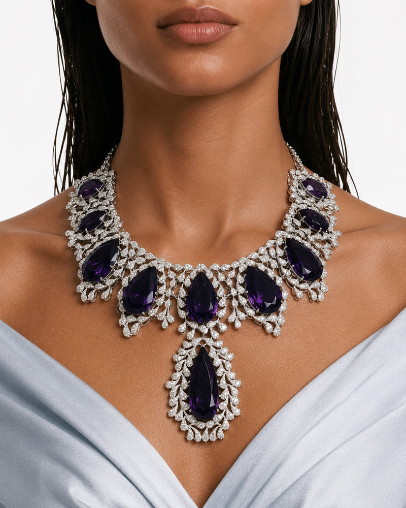 Arezoo Purpel Diamond-Like Zircon Statement Necklace Set – Necklace & Earrings