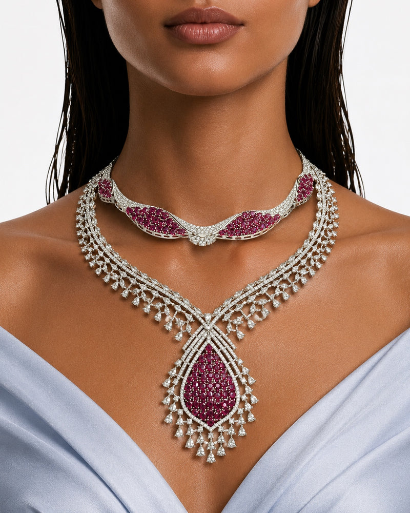 Sereen Diamond-Like Zircon with Ruby Statement Double Layer Necklace Set – Necklace & Earrings