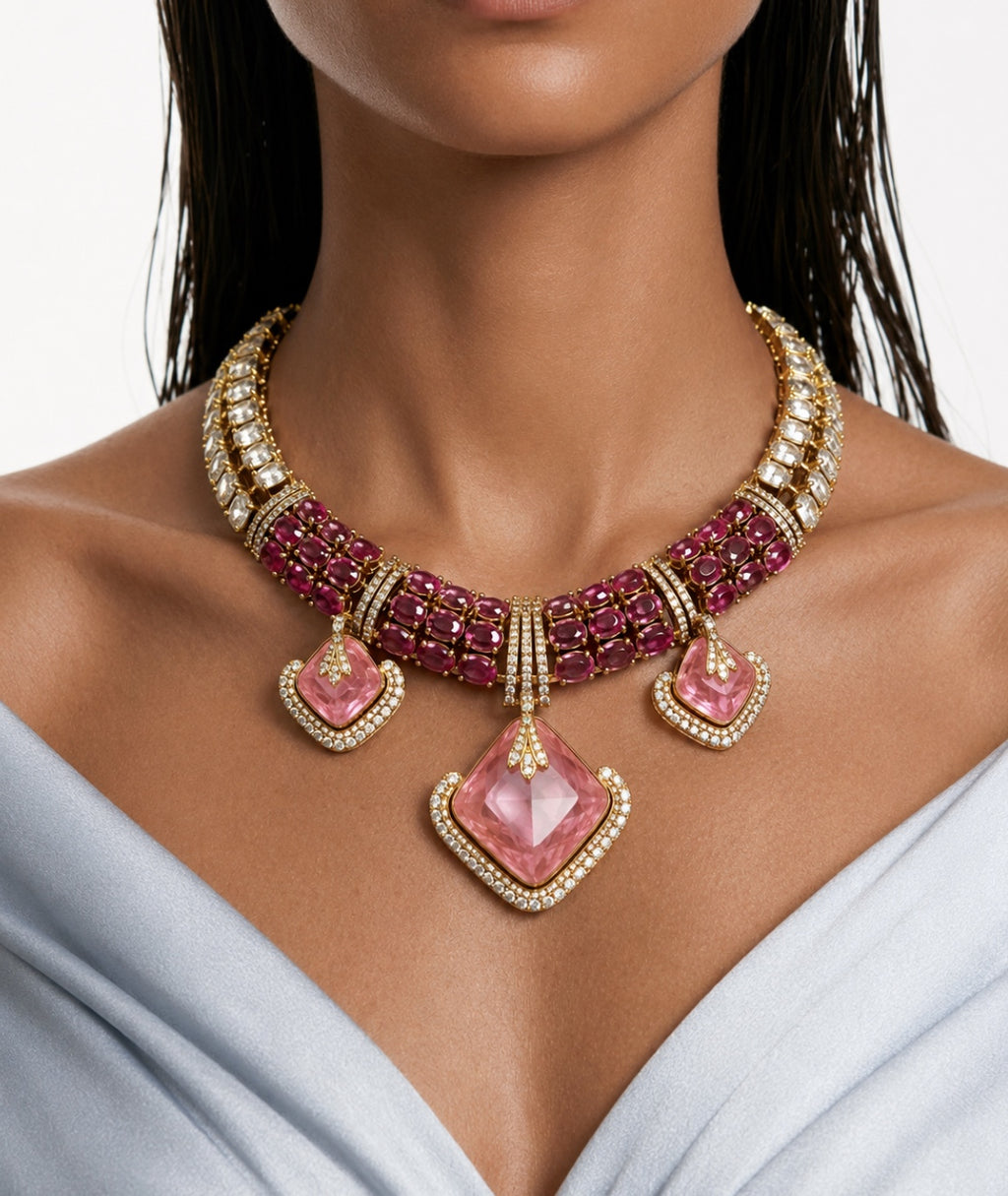 Zareen roze en robijnrode diamantachtige zirkoon statement kettingset – ketting en oorbellen