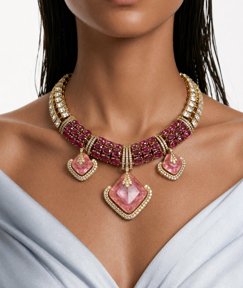 Zareen roze en robijnrode diamantachtige zirkoon statement kettingset – ketting en oorbellen