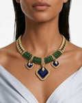 Zareen saffier en smaragd diamantachtige zirkoon statement kettingset – ketting en oorbellen