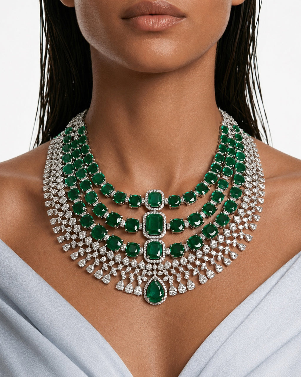 Raaima Emerald Diamond-Like Zircon Layered Statement Necklace Set – Necklace & Earrings