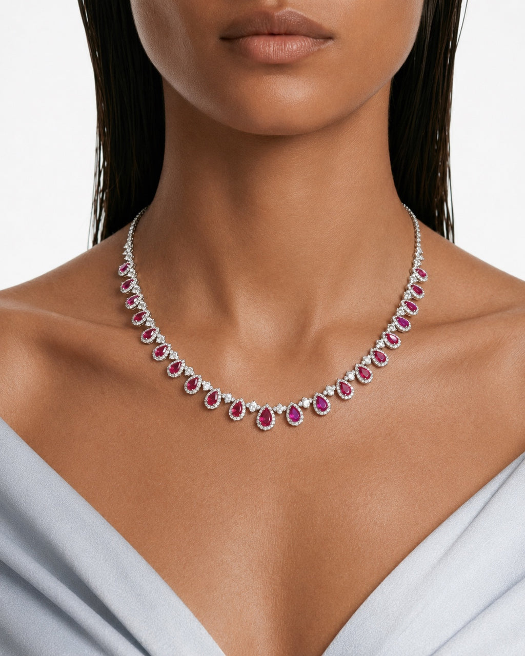 Naeva Ruby Drops Diamond-Like Zircon Necklace Set – Necklace & Earrings