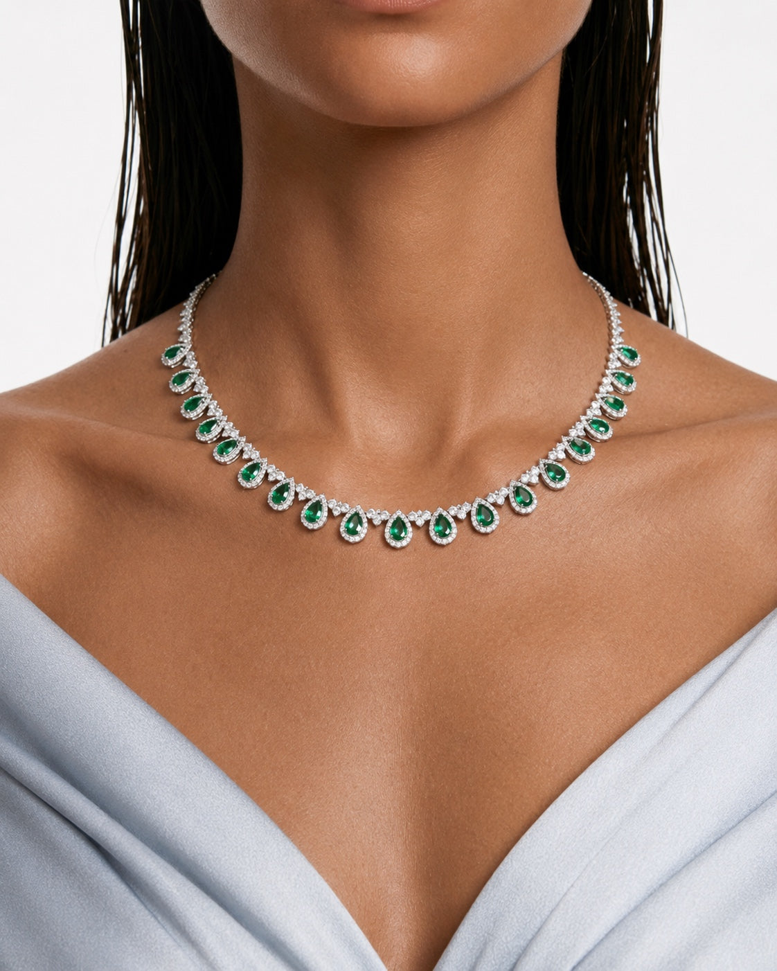 Naeva Emerald Drops Diamond-Like Zircon Necklace Set – Necklace & Earrings