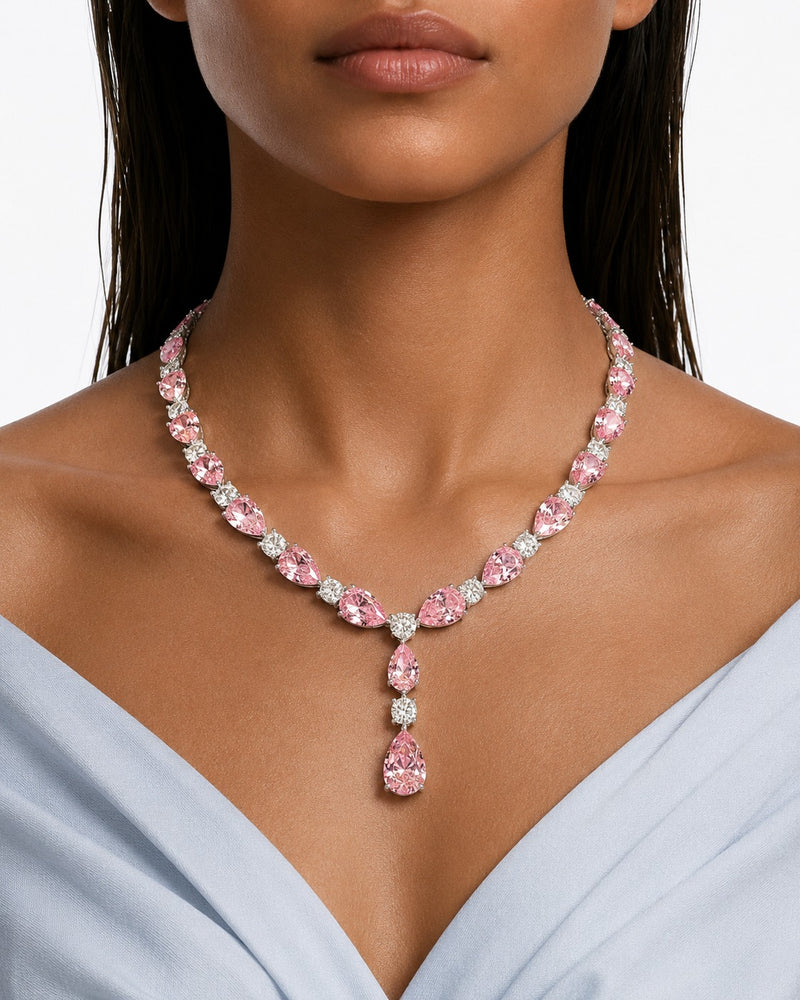 Zarelle Pink Diamond-Like Zircon Statement Necklace Set – Necklace & Earrings