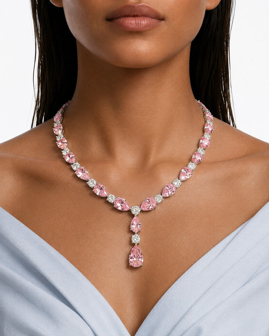 Maharani Zarelle Pink Diamond-Like Zircon Statement Necklace Set & Lunette Pink Diamond-Like Zircon Detailing Multi Layered Necklace Set (2 Necklace & 2 Earrings)