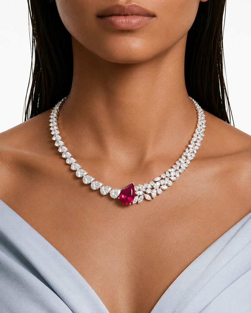 Bellarose Ruby Diamond-Like Zircon Floral Necklace Set – Necklace & Earrings
