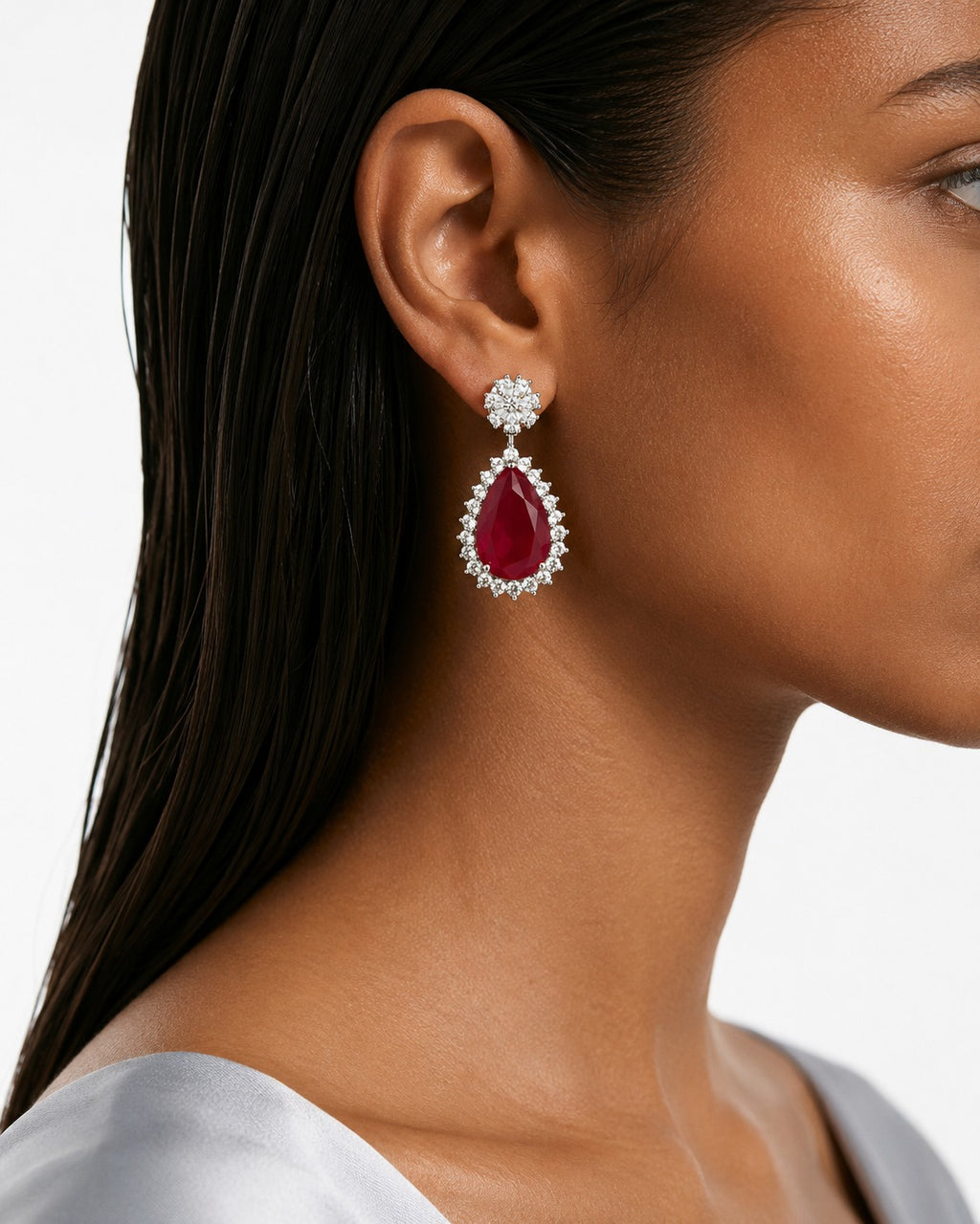Ariya Ruby Diamond-Like Zircon Pendant Necklace Set (Necklace & Earrings)