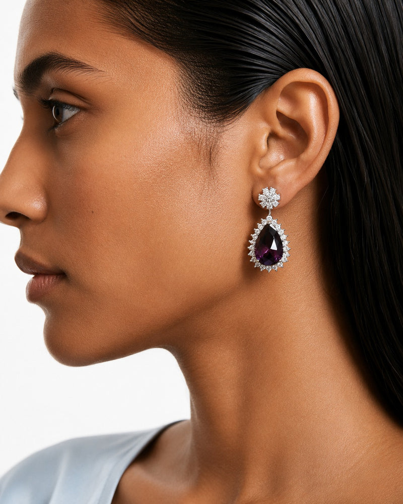 Ariya Purple Diamond-Like Zircon Pendant Necklace Set (Necklace & Earrings)