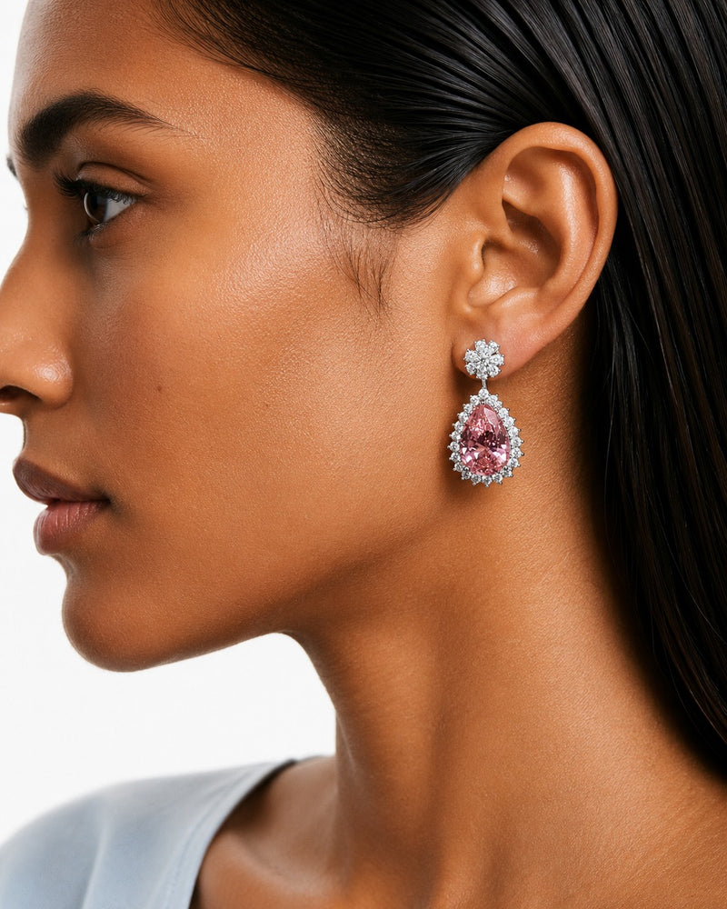 Ariya Pink Diamond-Like Zircon Pendant Necklace Set (Necklace & Earrings)