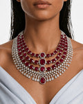 Raaima Ruby Diamond-Like Zircon Layered Statement Necklace Set – Necklace & Earrings
