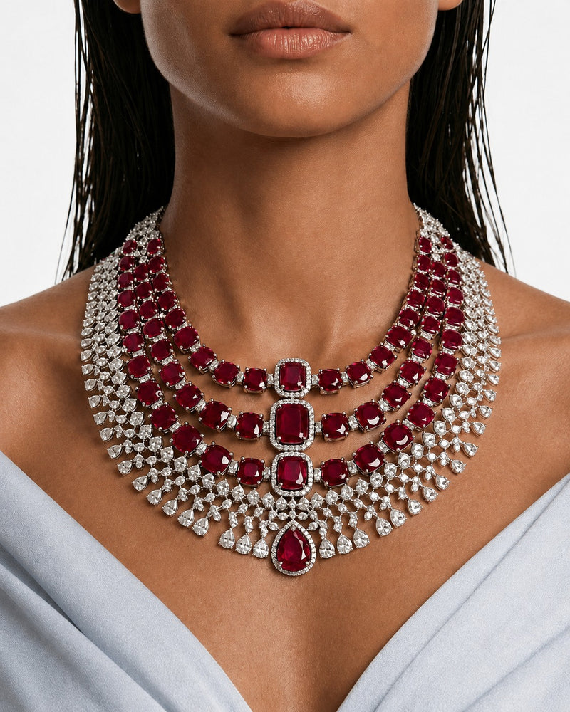 Raaima Ruby Diamond-Like Zircon Layered Statement Necklace Set – Necklace & Earrings