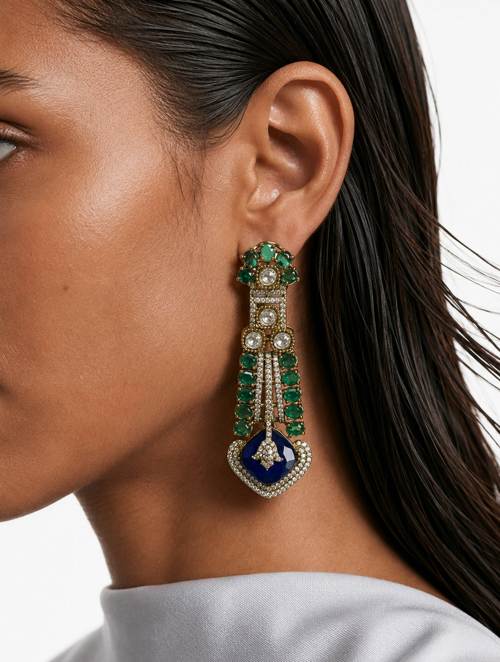 Zareen saffier en smaragd diamantachtige zirkoon statement kettingset – ketting en oorbellen