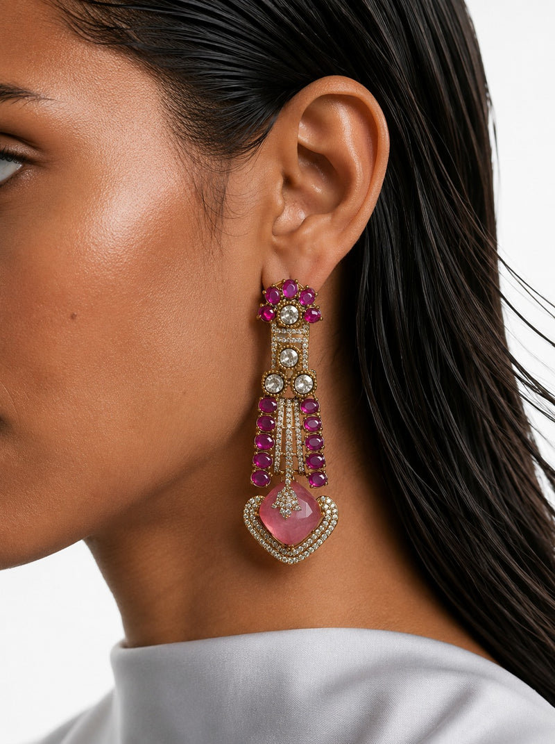 Zareen roze en robijnrode diamantachtige zirkoon statement kettingset – ketting en oorbellen