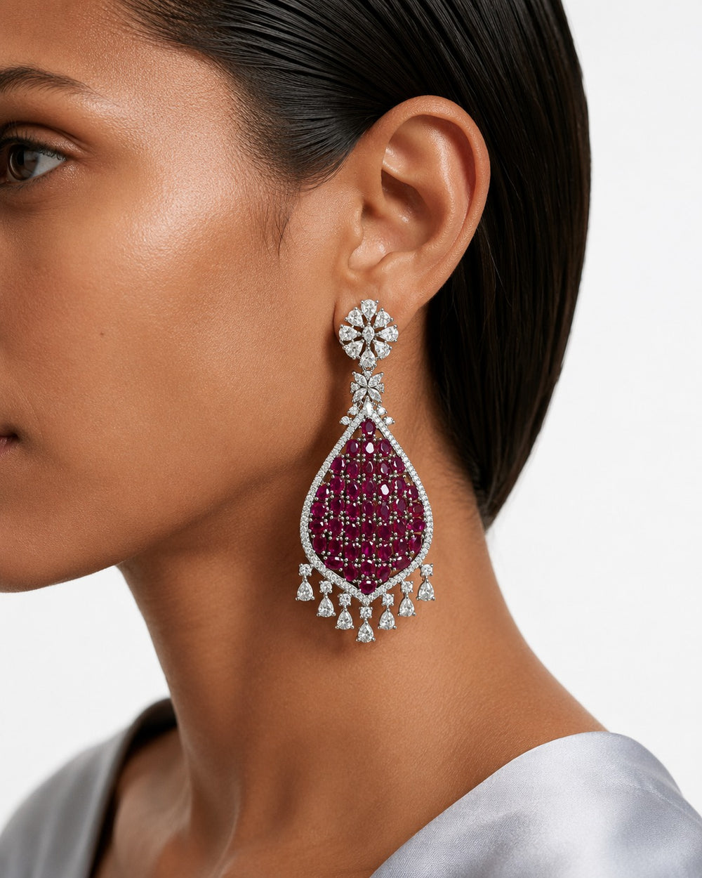 Sereen Diamond-Like Zircon with Ruby Statement Double Layer Necklace Set – Necklace & Earrings