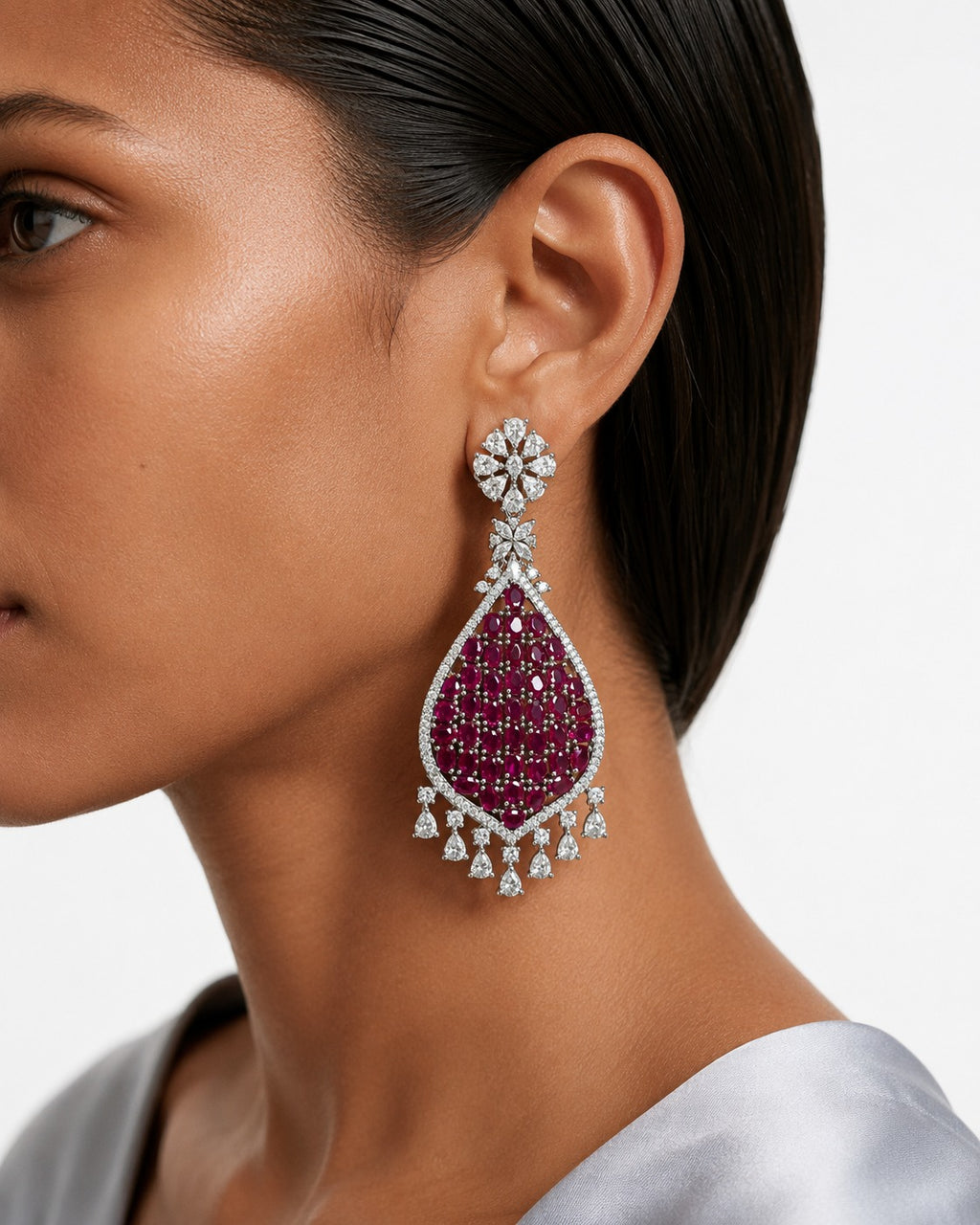 Sereen Diamond-Like Zircon with Ruby Statement Double Layer Necklace Set – Necklace & Earrings