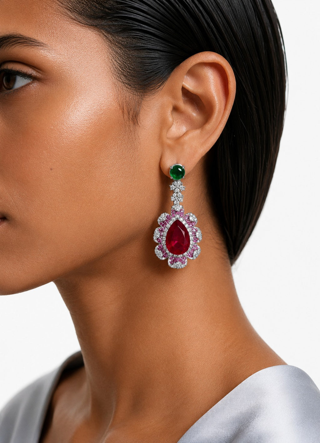 Zohra Pearls & Moissanite Polki Kundan met smaragd- en robijnstenen met zirkonia-diamantendetails Verklaring kettingset – ketting en oorbellen