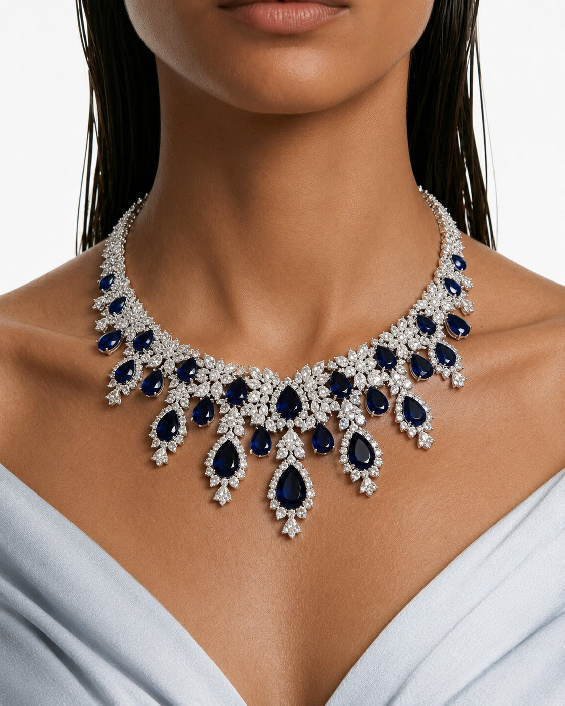 Nayessa Sapphire Diamond-Like Zircon Teardrop Statement Necklace Set – Necklace & Earrings
