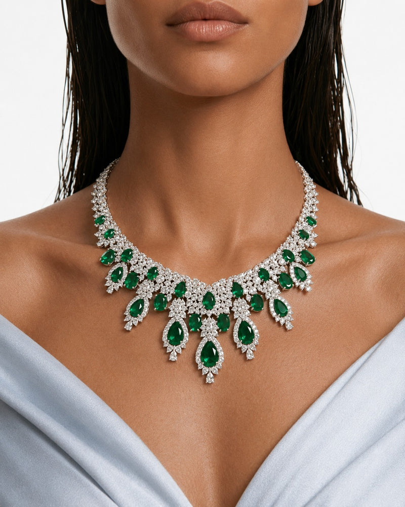 Nayessa Emerald Diamond-Like Zircon Teardrop Statement Necklace Set – Necklace & Earrings