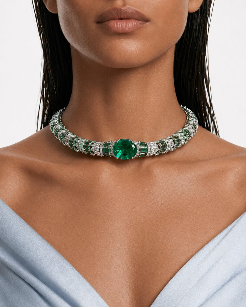 Elyna Emerald Diamond-achtige zirkoon choker kettingset – ketting en oorbellen