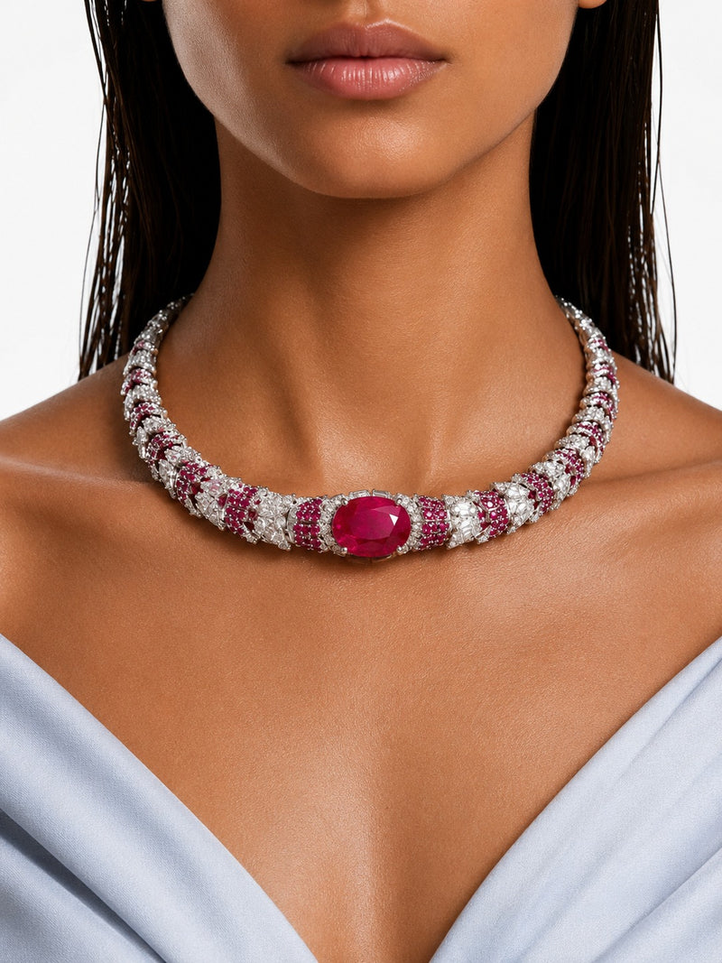 Maharani Basma Ruby and Diamond-Like Zircon Drop Pendant Statement Necklace Set & Elyna Ruby Diamond-Like Zircon Choker Necklace Set (2 Necklace & 2 Earrings)