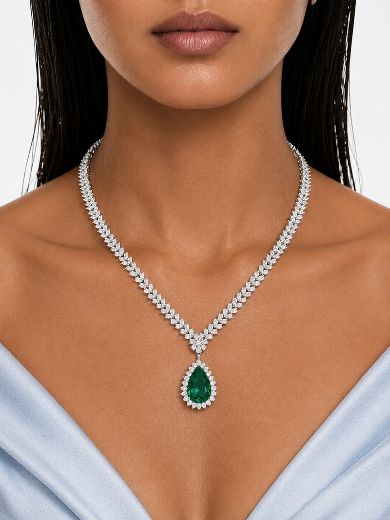 Ariya Emerald Diamond-Like Zircon Pendant Necklace Set (Necklace & Earrings)