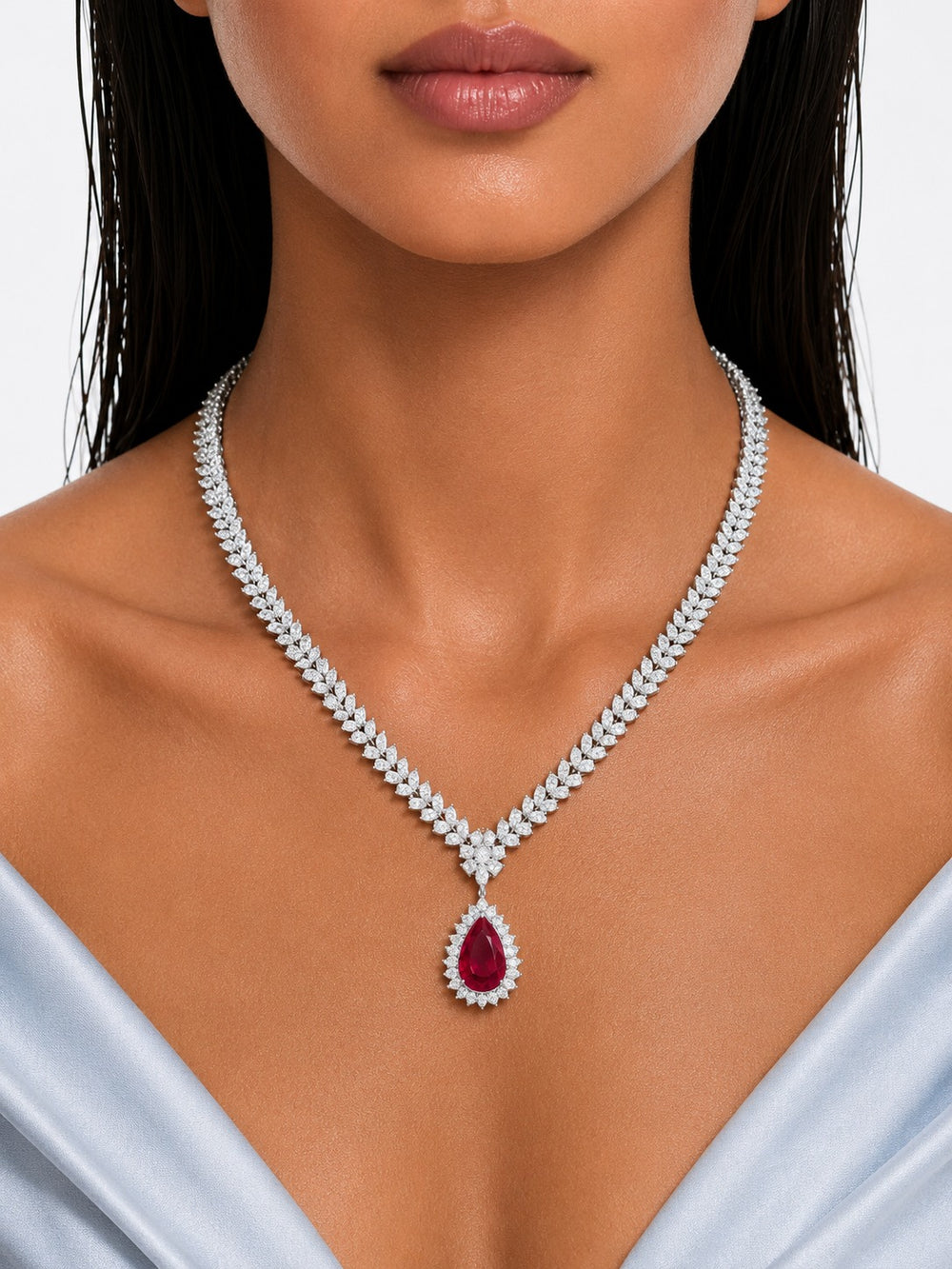 Ariya Ruby Diamond-Like Zircon Pendant Necklace Set (Necklace & Earrings)