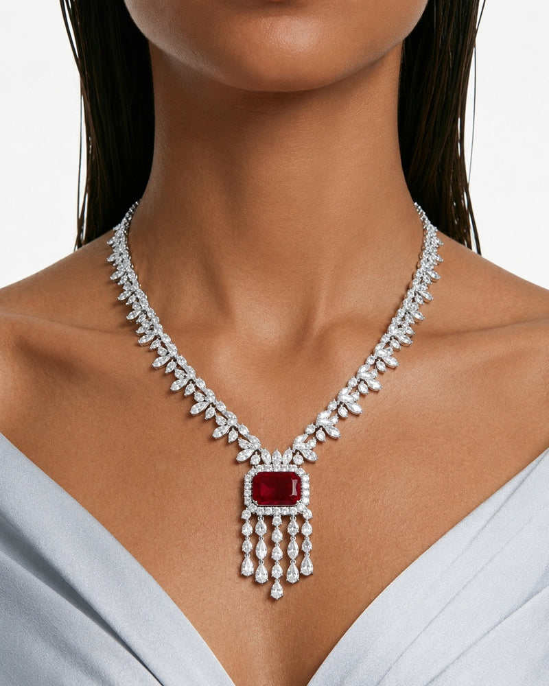 Safiya Ruby Diamond-Like Zircon Tassel Necklace Set – Necklace & Earrings