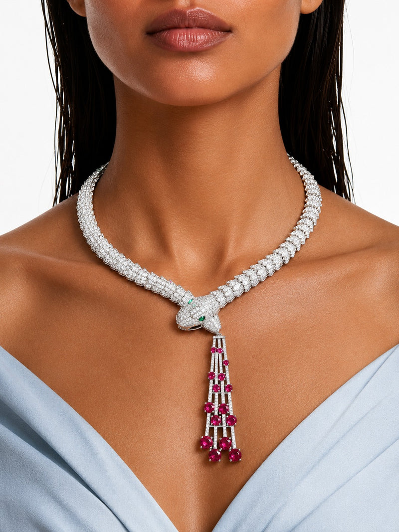 Serafina Ruby diamantachtige zirkoon statement kettingset – ketting en oorbellen