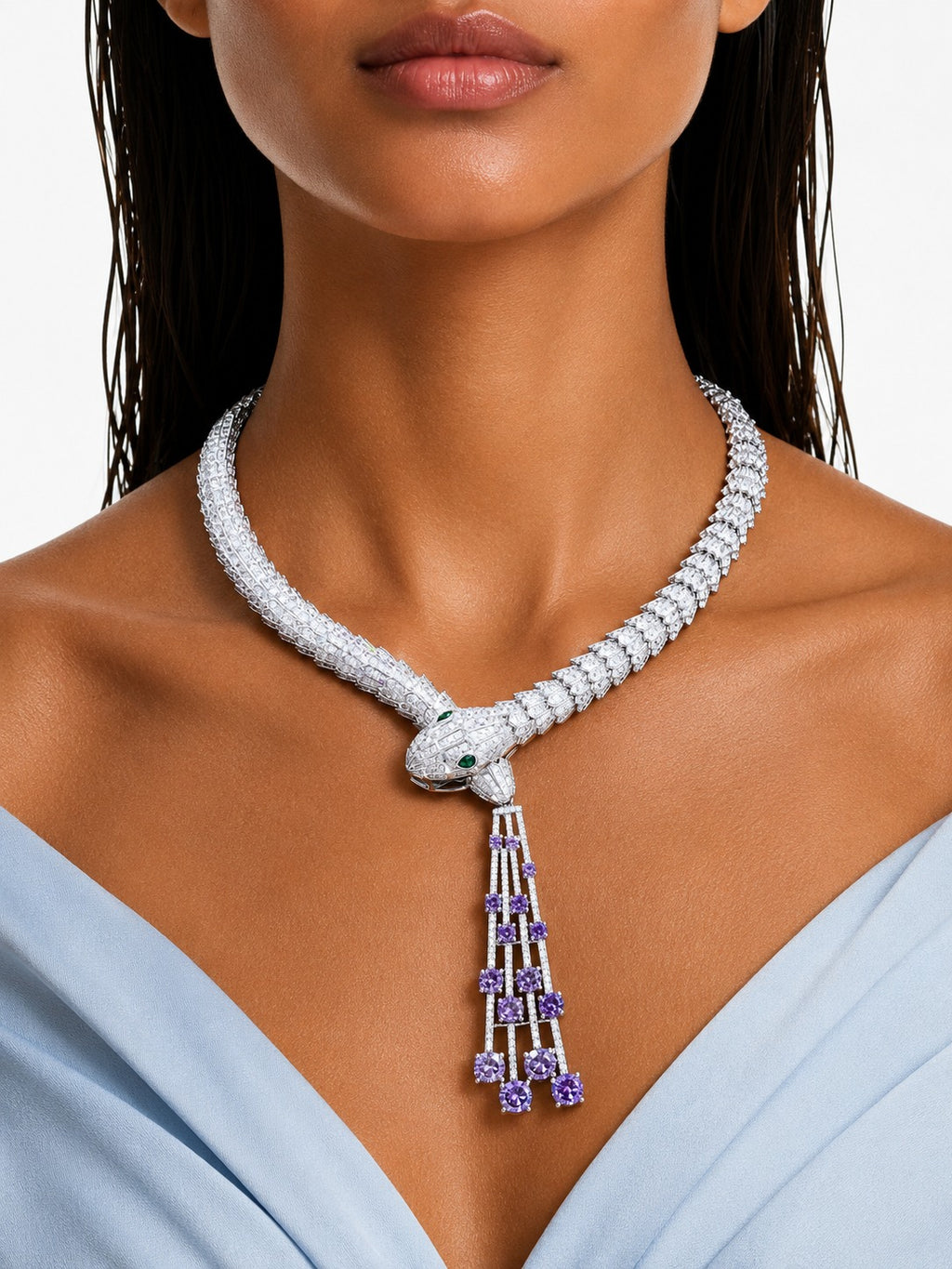 Serafina paarse diamantachtige zirkoon statement kettingset – ketting en oorbellen