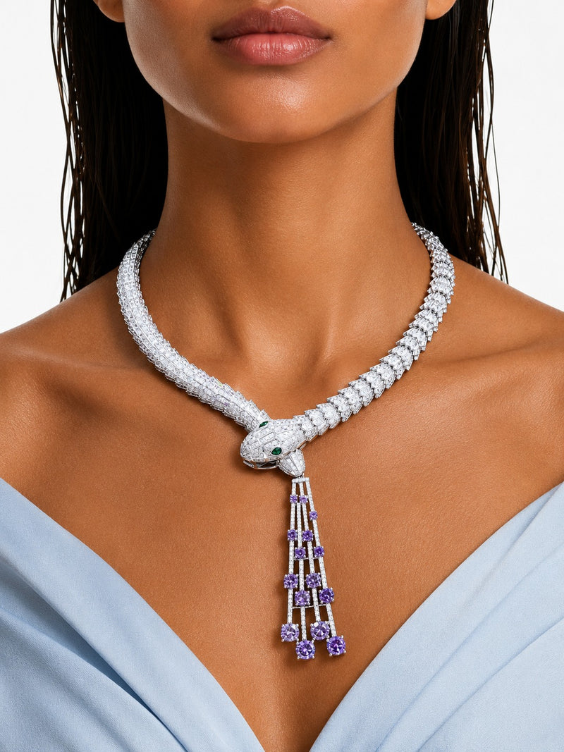 Serafina paarse diamantachtige zirkoon statement kettingset – ketting en oorbellen