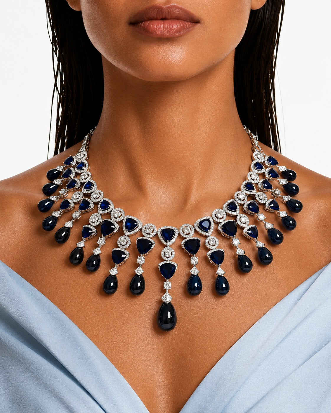 Sapphire Aurora Blossom Chandelier Necklace Set (Necklace & Earrings)