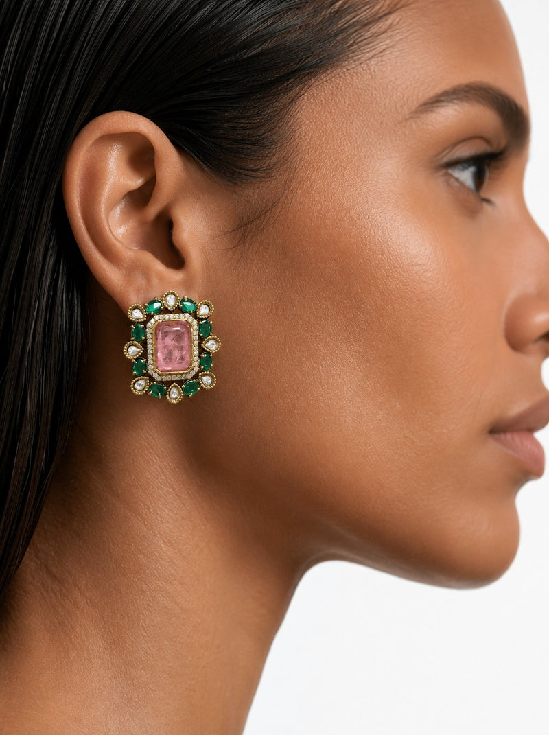 Aabroo Parels & Moissanite Polki Kundan met Veelkleurige Stenen & Zirkoon Diamanten Detaillering Verklaring Kettingset – Ketting en oorbellen
