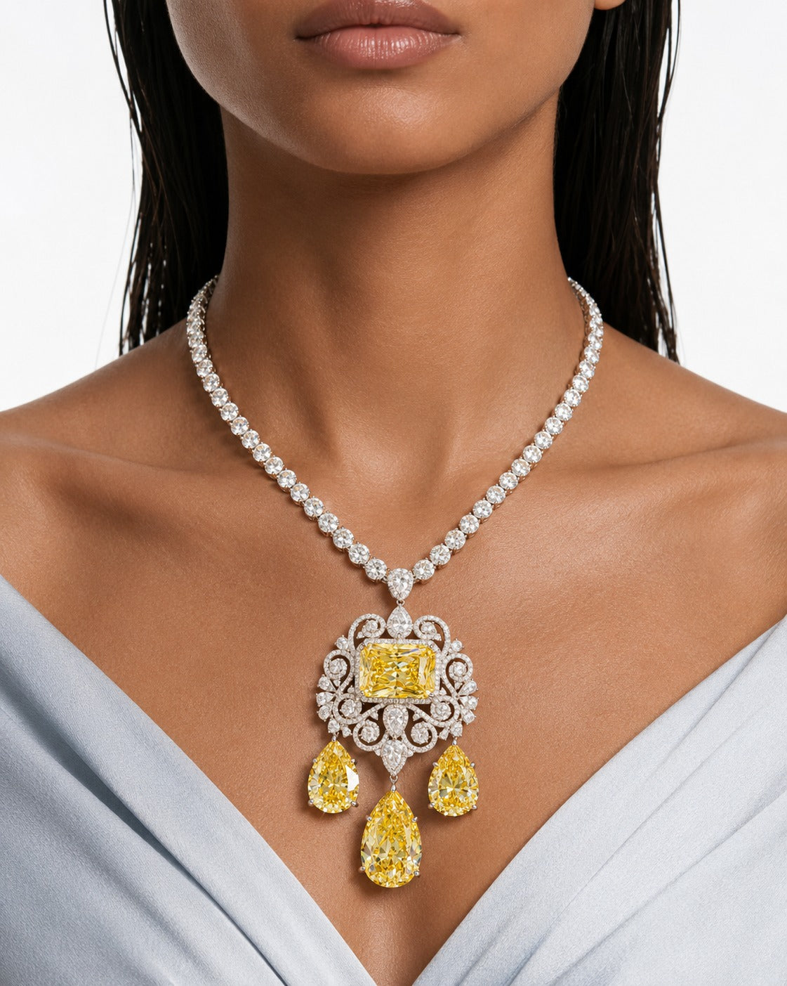 Maharani Nareesa Citrine Diamond-Like Zircon Statement Necklace Set & Amora Citrine Drops Statement & Diamond Like Zircon Necklace Set (2 Necklace & 2 Earrings)